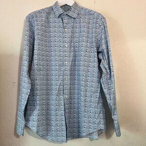 J. McLaughlin Mens Blue Leaf Print Long Sleeve Button-Up Shirt Large Stretch